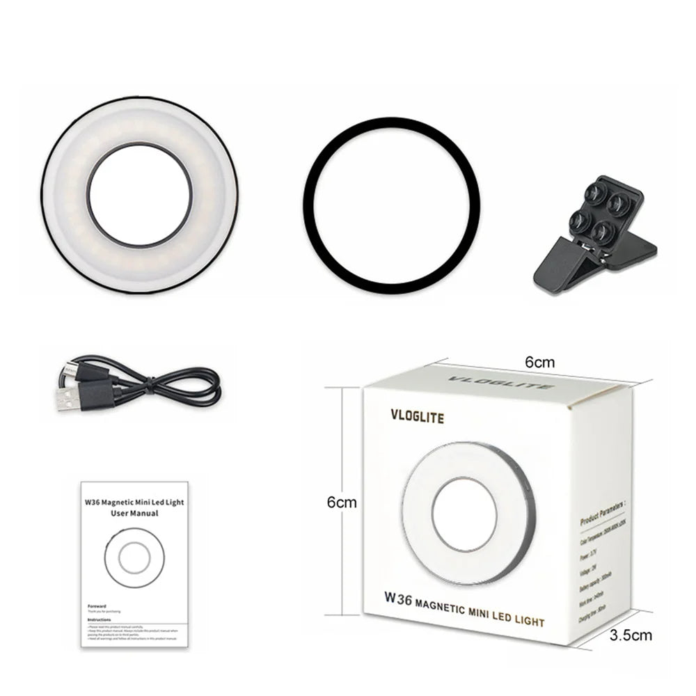 VLOGLITE W36 Mini LED Cell Phone Fill Light With Makeup Mirror Magnetic Selfie Ring Light
