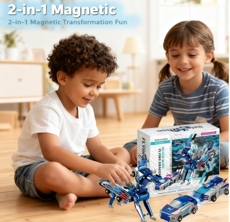 Collision Transforming Dinosaur Car Toy, 2-in-1 Magnetic Dinosaur Transformer